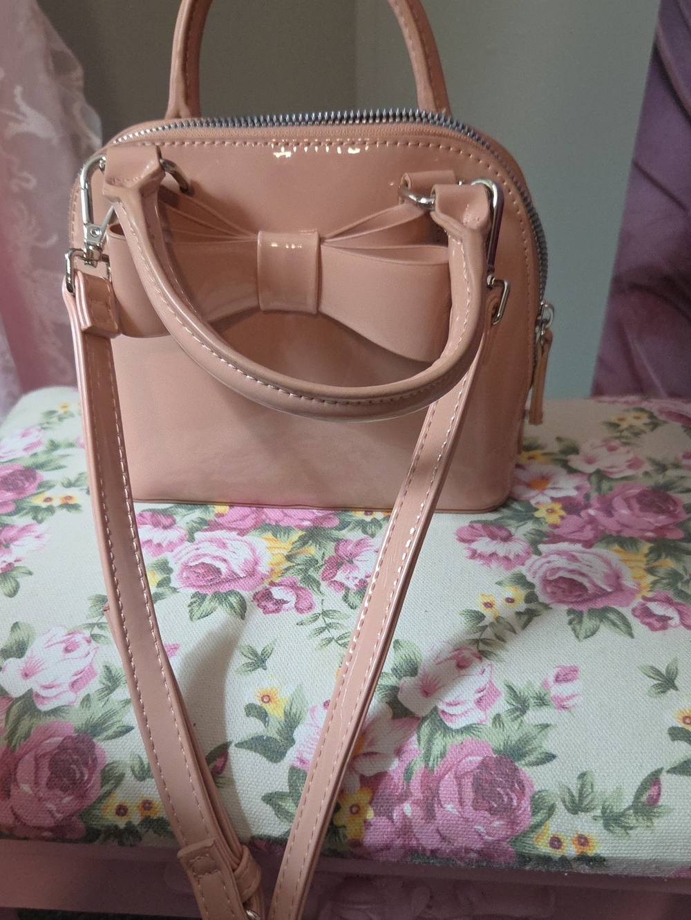Betsey Johnson Peach Patent Bow Crossbody Bag NWOT